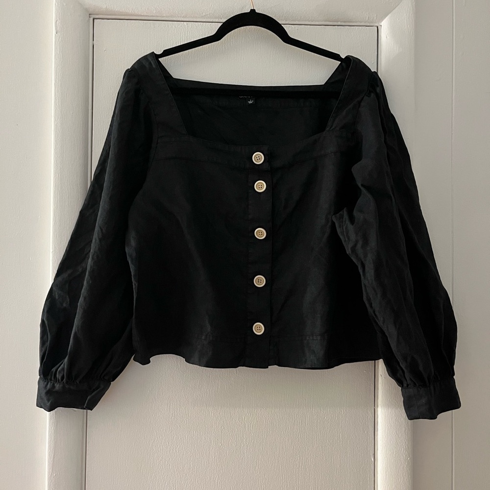 Black Linen Square Neck Long Sleeve Button Up Top